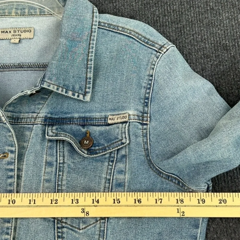 Max Studio Women's Jean Jacket Blue Distressed Stretch Y2K Grunge Streetwear - L - Picture 9 of 16